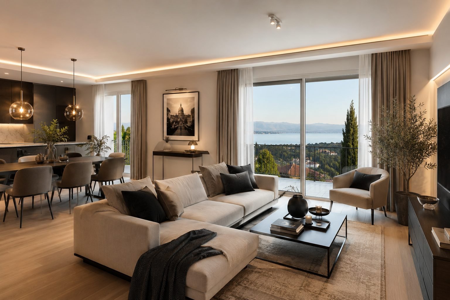 Soggiorno luminoso arredato in stile boutique con vista sul lago