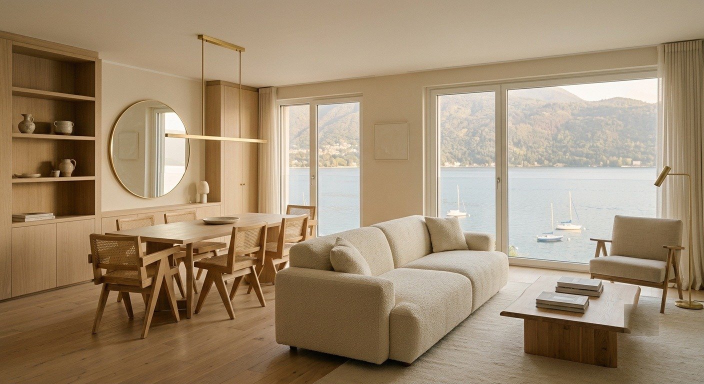 Salotto panoramico in stile boutique con vista sul Lago Maggiore, allestimento curato in legno chiaro e tessuti neutri