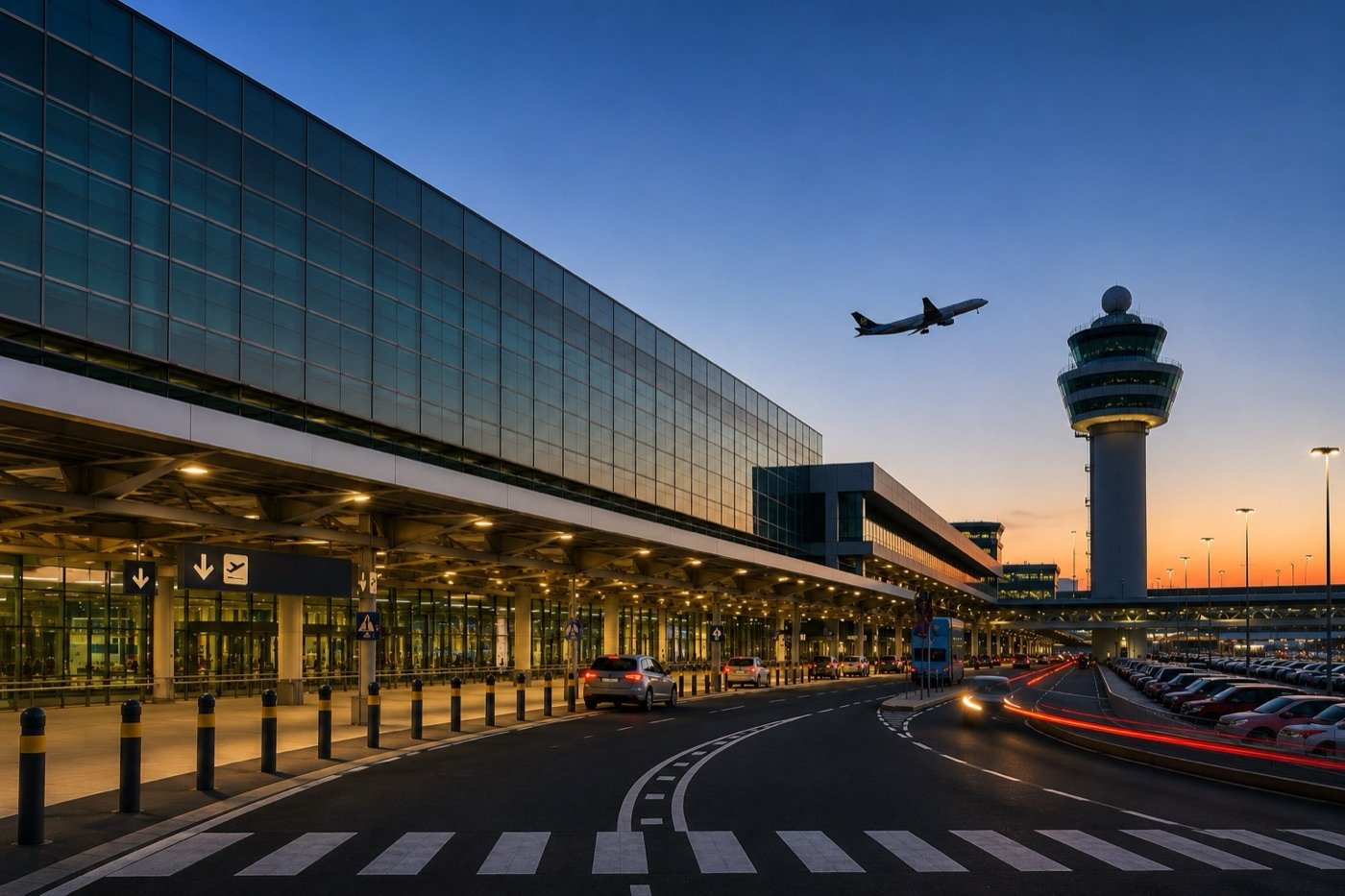 Terminal dell'aeroporto di Malpensa al tramonto con aereo in decollo